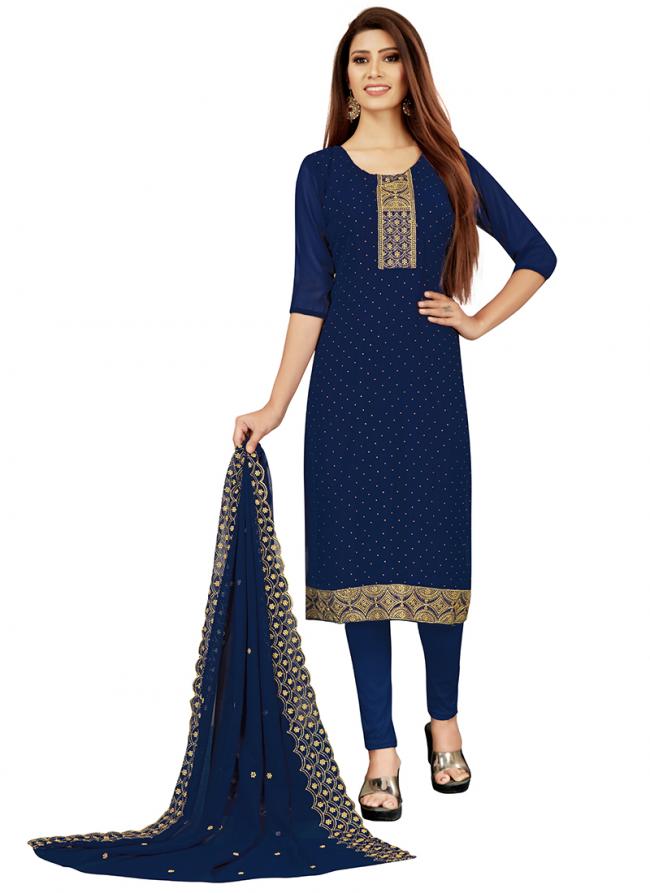 Georgette Navy Blue Casual Wear Embroidery Work Churidar Suit